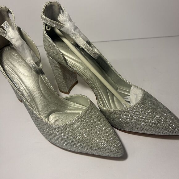 NEW Women's Silver Sparkle Ankle Strap Chunky High Heel Pointy Toe Shoes Size 9 - Picture 1 of 13
